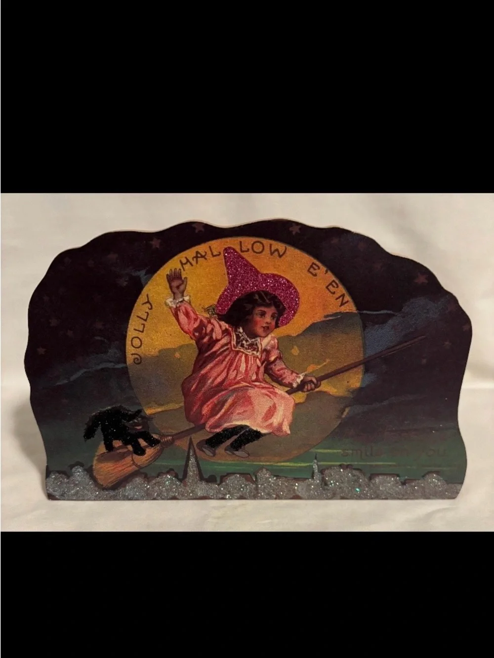 Vintage Wooden Frogmore Jolly Halloween Witch on Broom w/ Black Cat Music Box